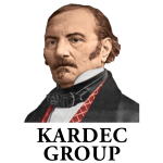 Vintage portrait of a 19th-century man with a mustache in a dark suit and cravat, against a blue graphic background.