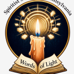 Logo/emblem for Spiritist Society of Pennsylvania: a lit candle rising from an open book labeled 'Words of Light' inside a dark blue circular field with a gold border and radiant geometric light patterns; 'Spiritist Society of Pennsylvania' is curved around the top edge.